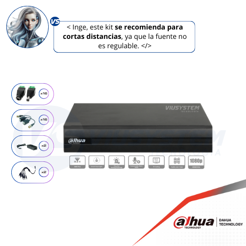 Paquete (para 16 cámaras 2MP) DVR 16CH DAHUA WizSense IA, transceptores, conectores 12V, derivador y fuente (NO INCLUYE CAMARAS)