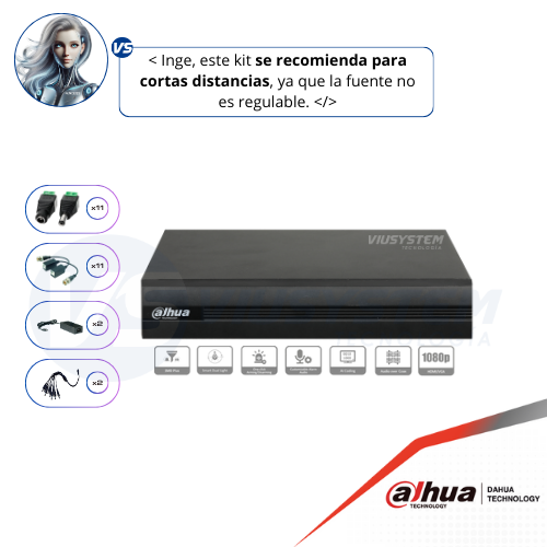 Paquete (Para 11 cámaras 2MP) DVR 16CH DAHUA 2MP WizSense IA, transceptores, conectores 12V, derivador y fuente (NO INCLUYE CAMARAS)