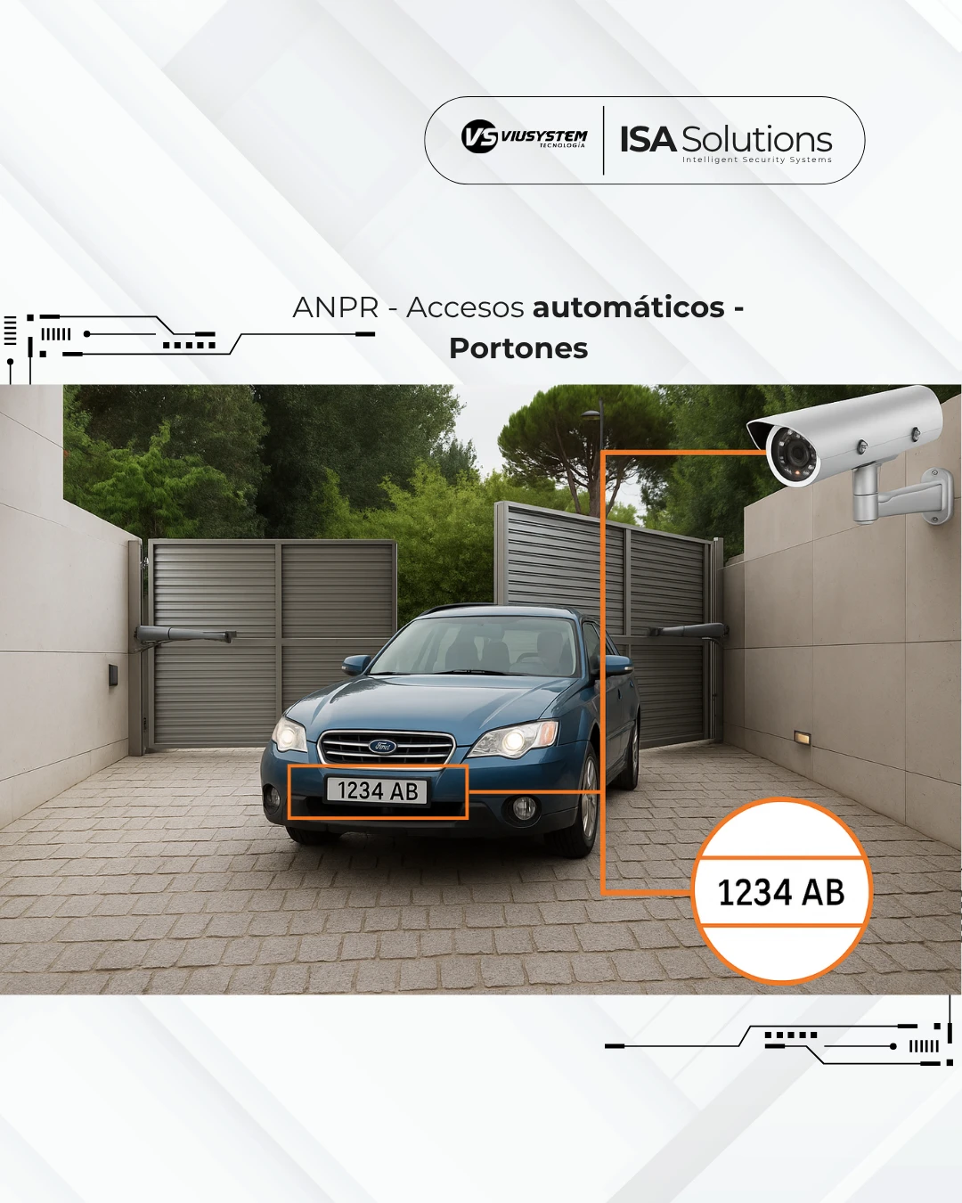 ISA-ANPR-PORT Sistema automático de acceso a través de placas vehiculares, acceso de autos registrados, señalización de avance/pare a través de semáforo, Aplica para portón hasta 2 hojas de 400 kg